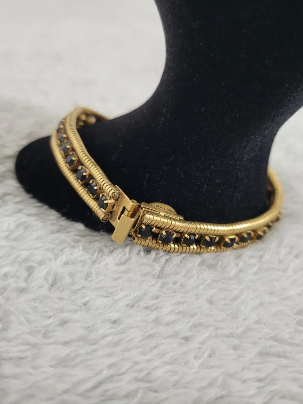 Loren Hope Gold Tone Double Cobra Chain Bracelet Black Crystal Art Deco B17E